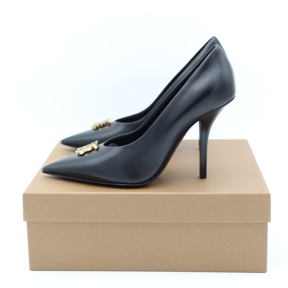 NIB Burberry Ezra Black Leather Monogram Point-Toe Pumps Heels - Picture 4 of 12